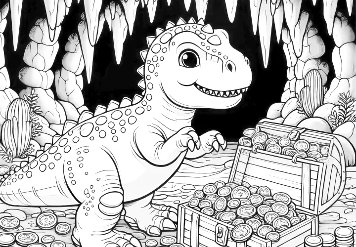 Dinosaurus yang ingin tahu menjaga peti harta karun - Gambar untuk diwarnai