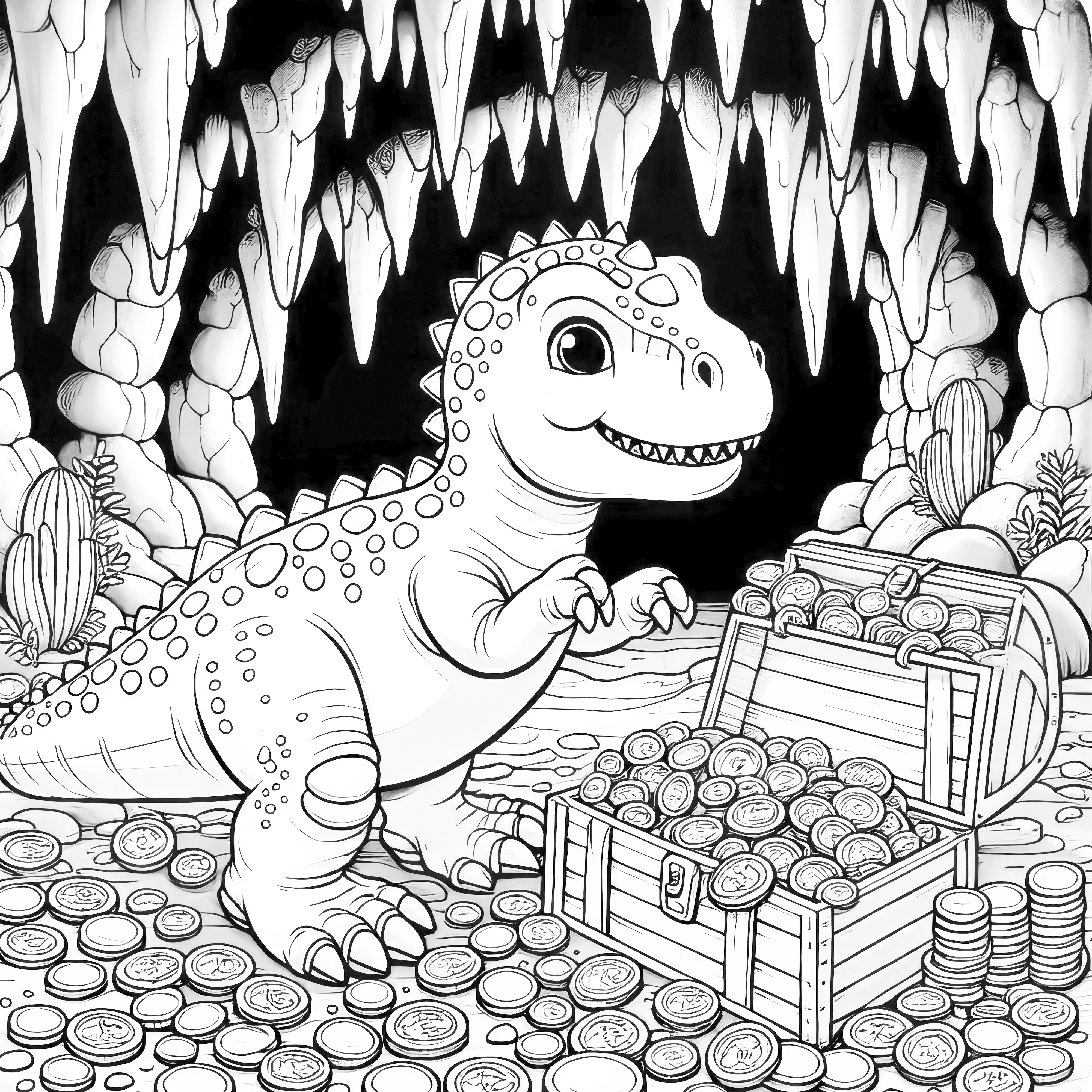 Imagen para colorear de un dinosaurio con un cofre del tesoro en una cueva