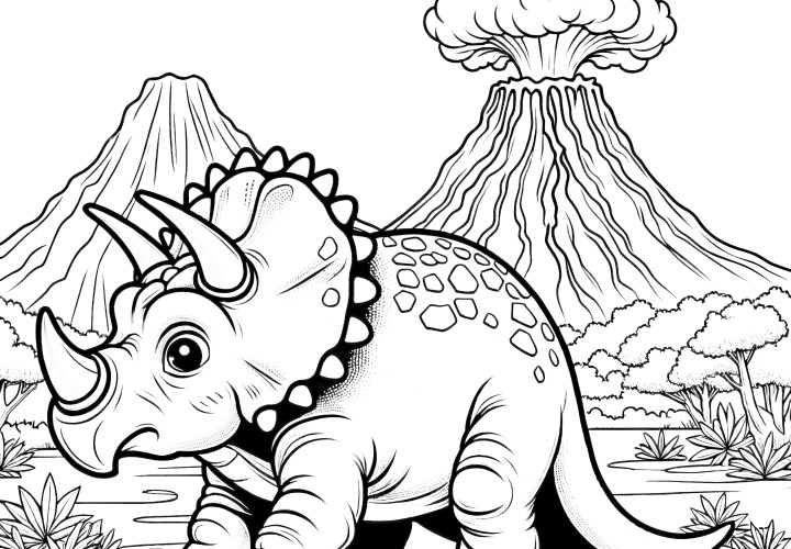 Untuk diunduh: Triceratops dengan lanskap gunung berapi