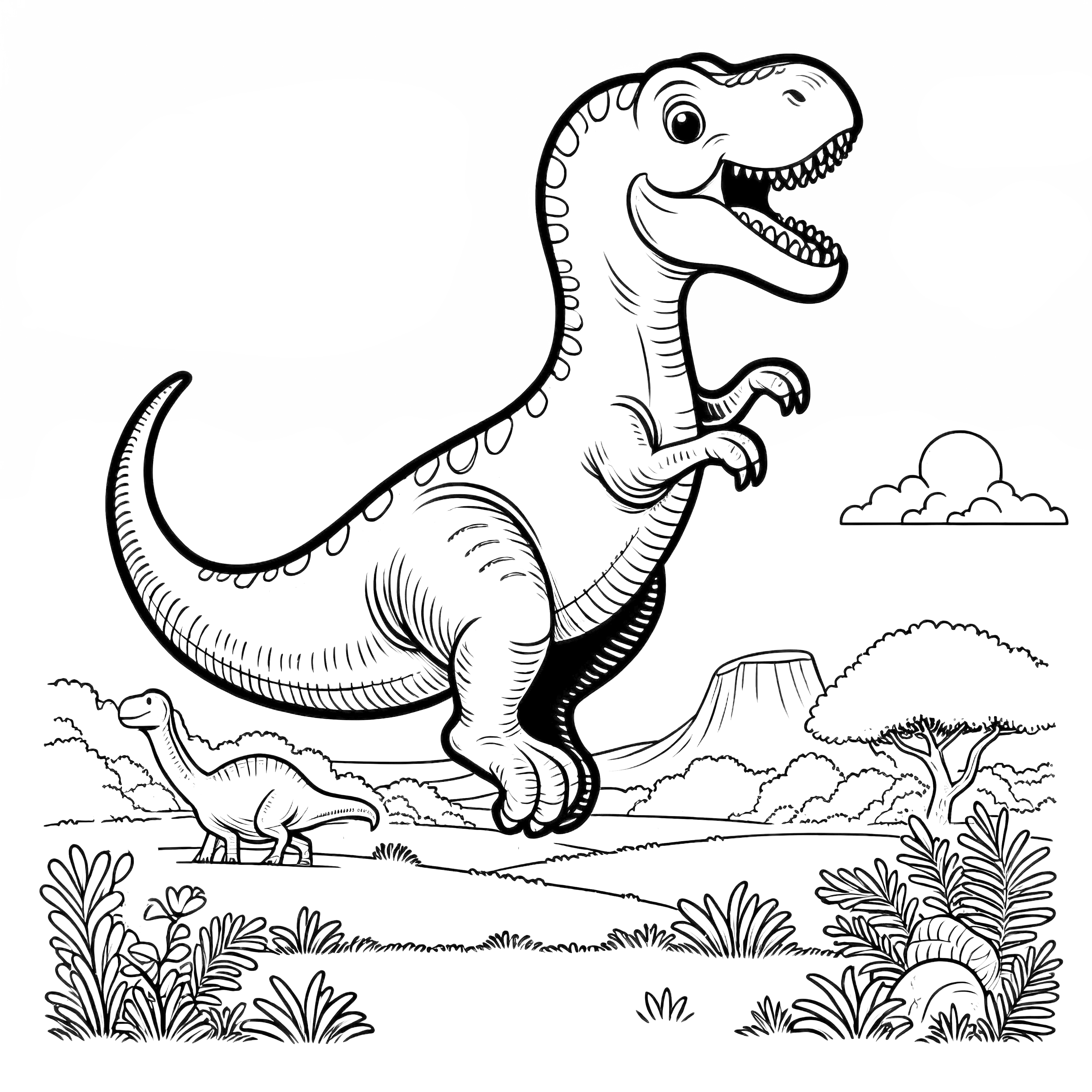 Dibujo para colorear de dinosaurios con un T-Rex en primer plano y un paisaje en el fondo