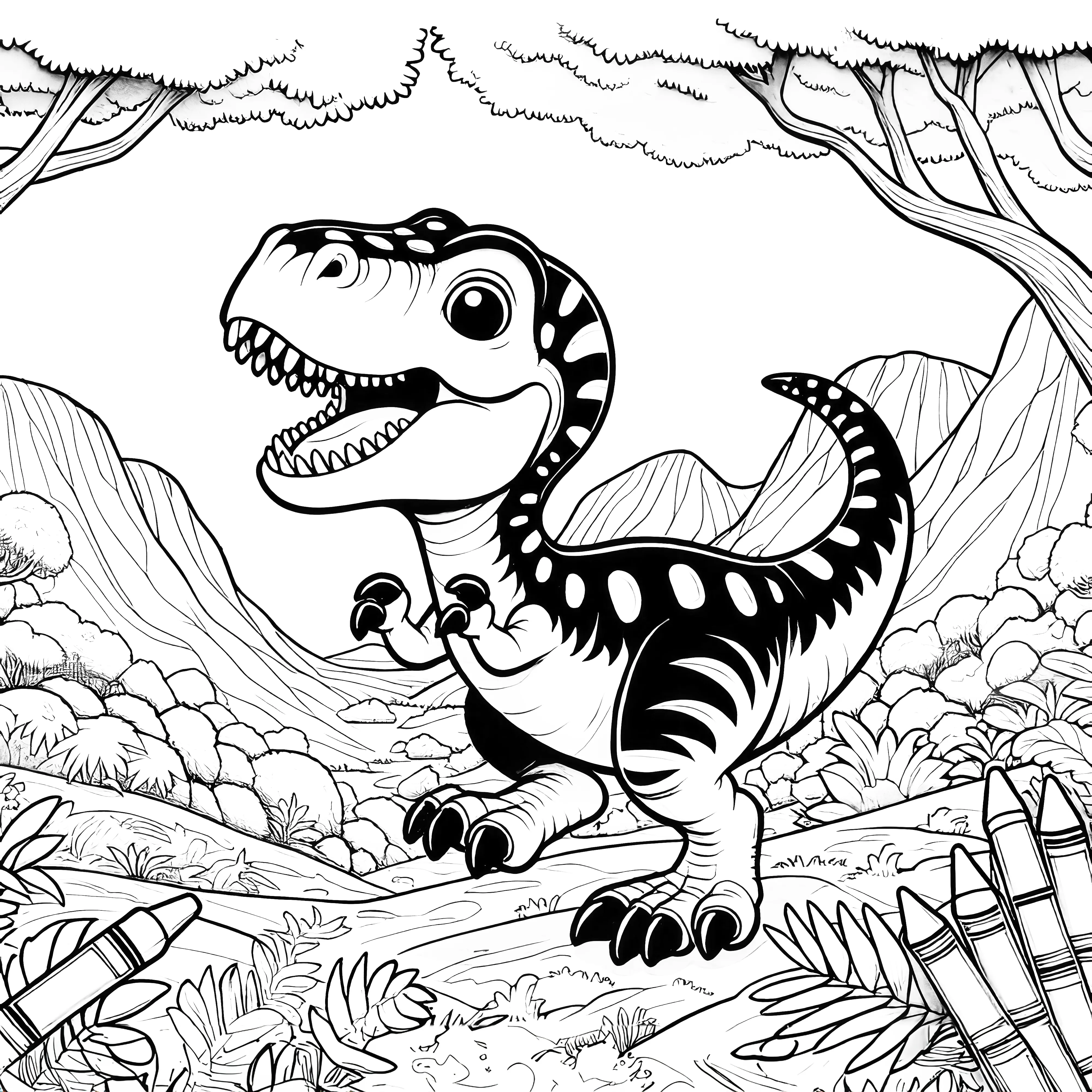 Di gambar itu kamu melihat seekor dinosaurus ceria di sebuah lanskap yang hidup dengan gunung dan pohon-pohon.