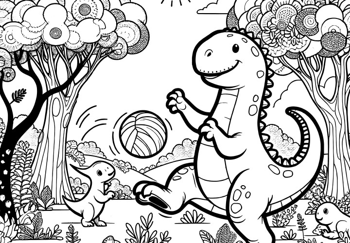 Til download: To venlige dinosaurer i skoven med boldspil