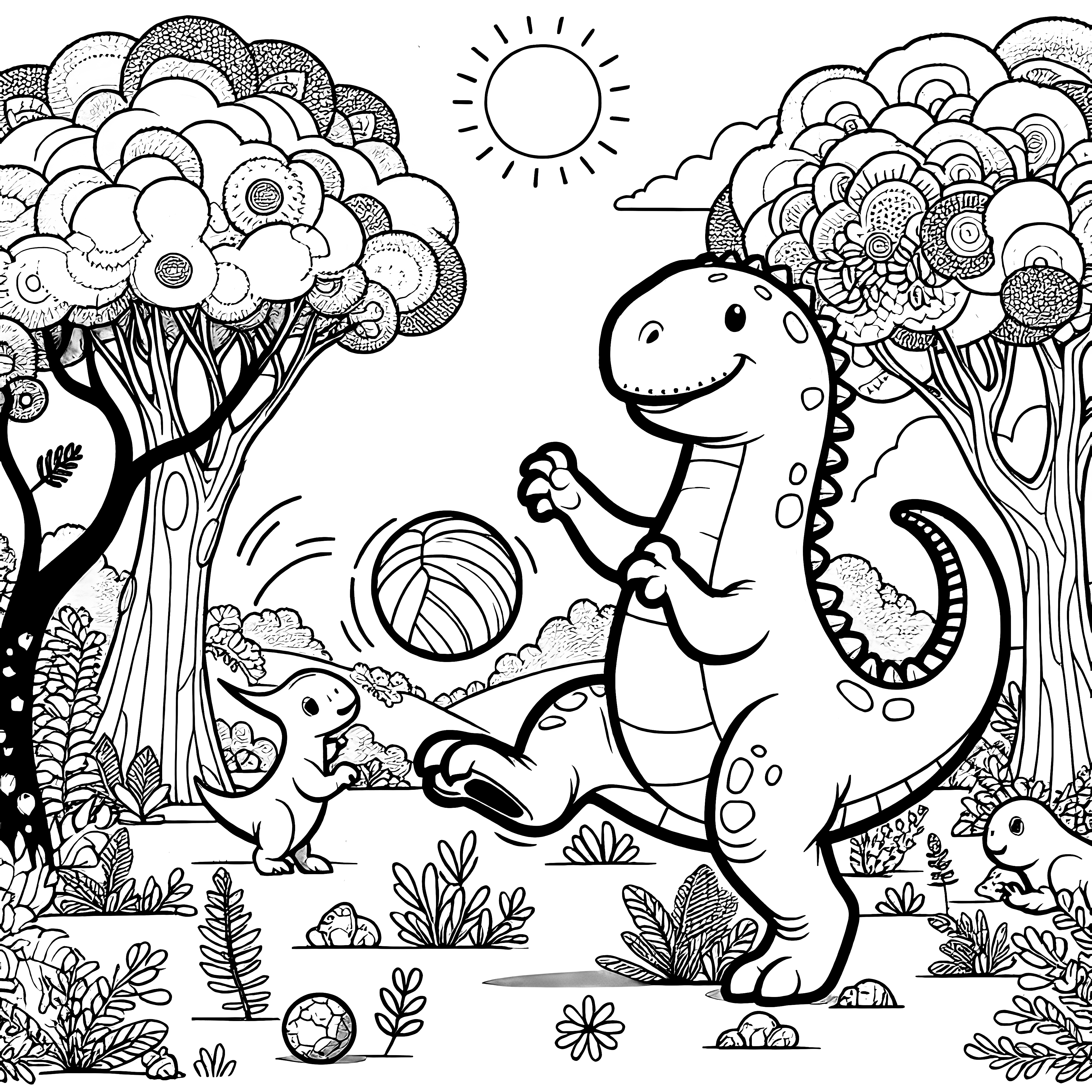 Dinosaurio jugando con una pelota en el bosque, rodeado de árboles y plantas