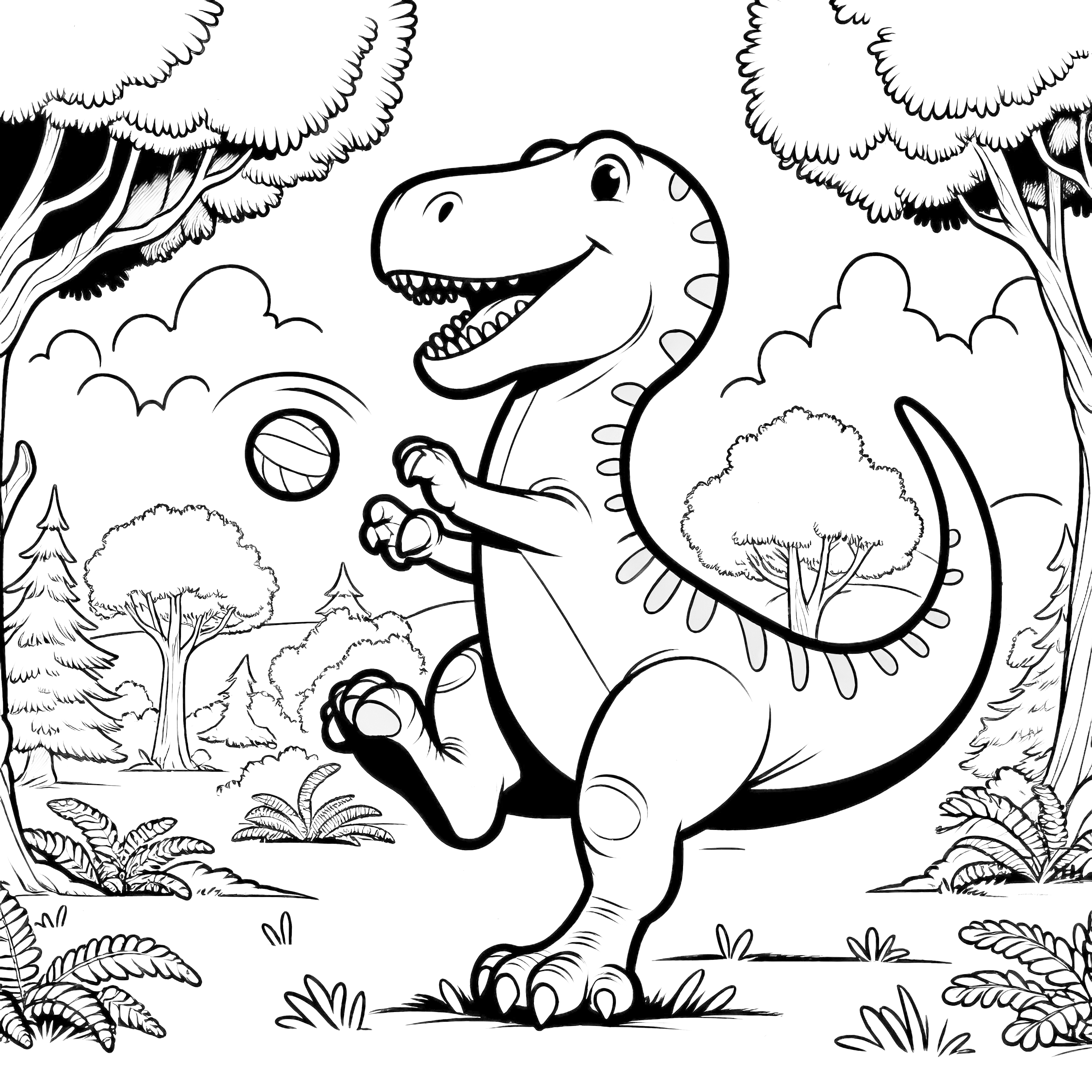 Dinosaurio jugando con pelota rodeado de árboles y plantas.