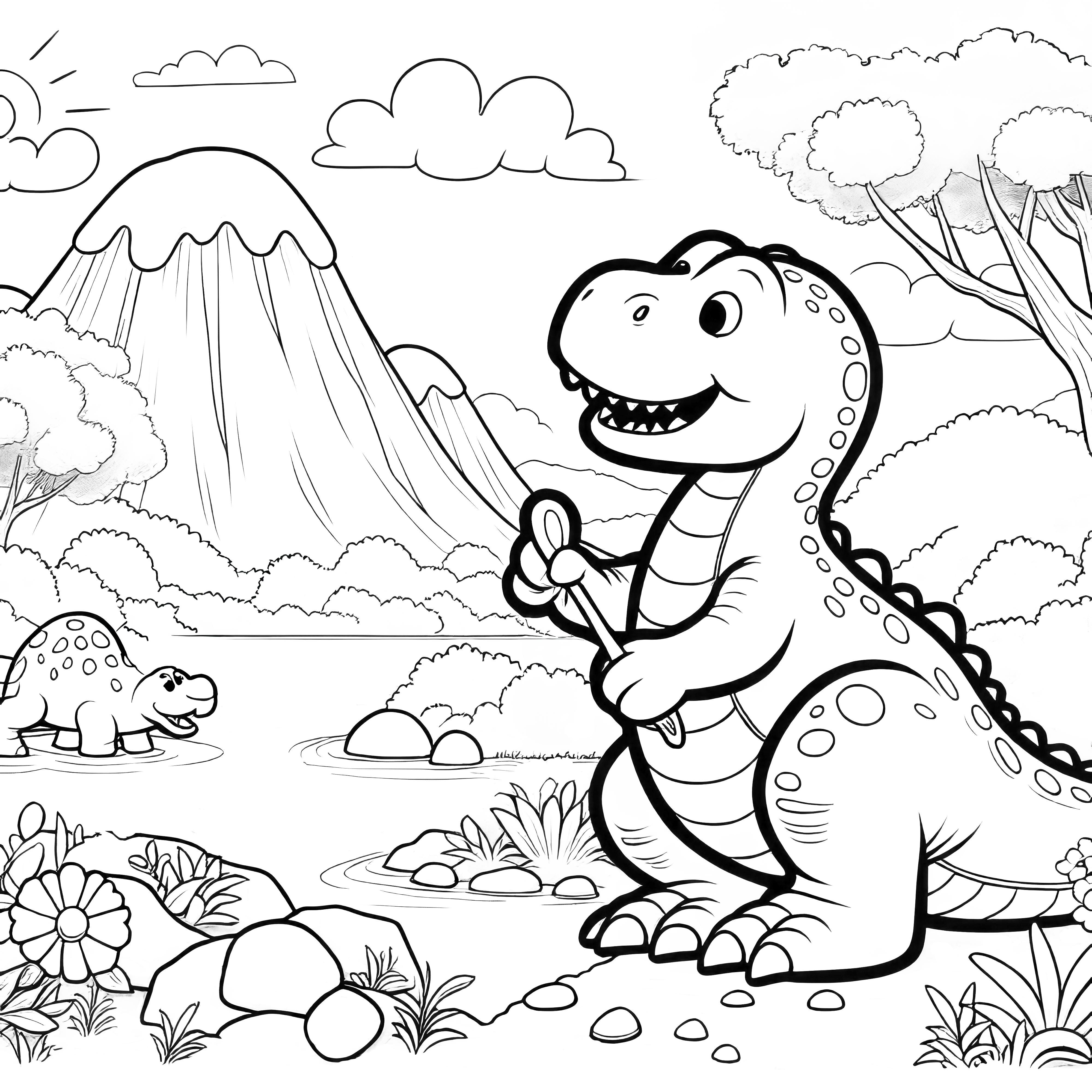 Imagen para colorear con dinosaurios, paisaje selvático y volcán