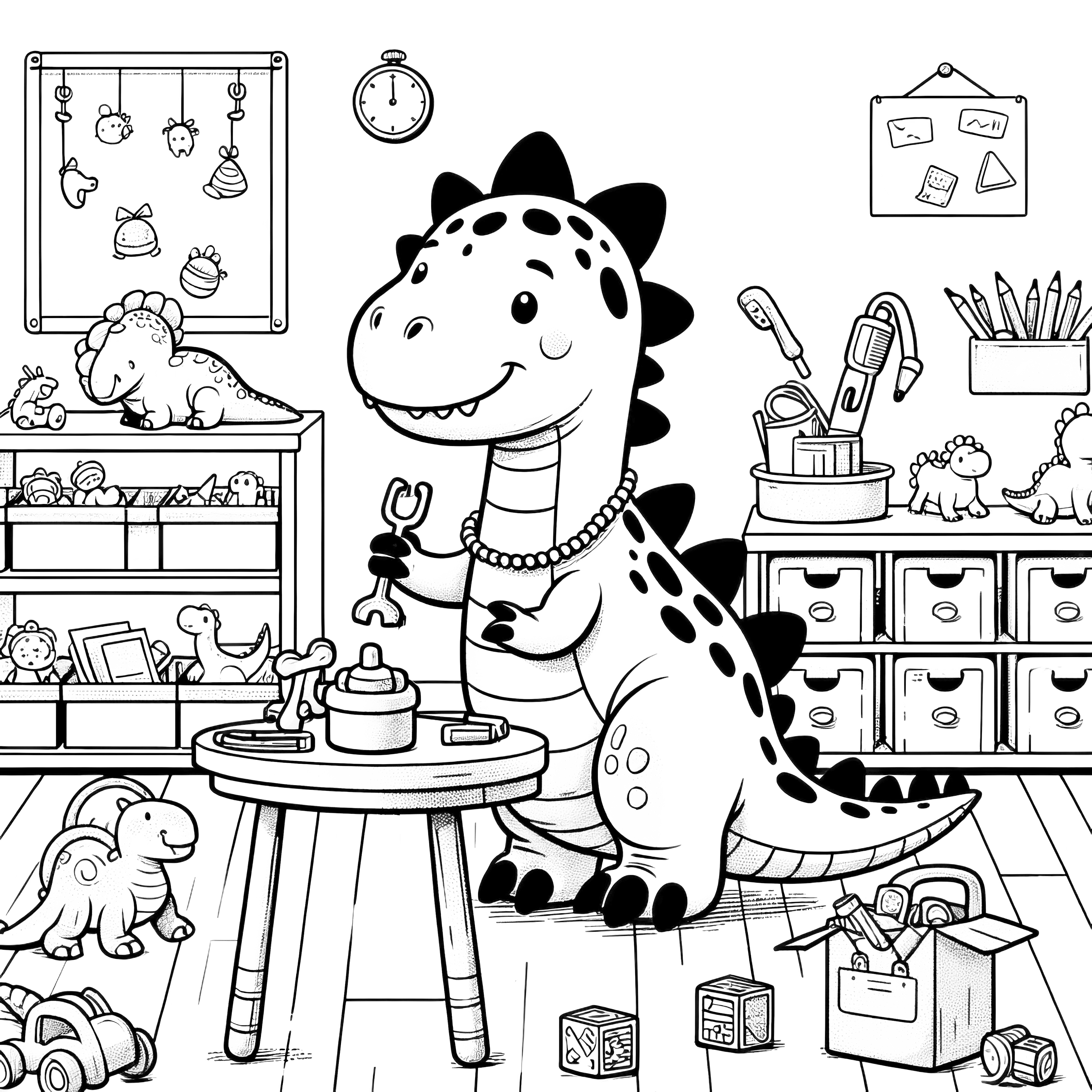 Felices dinosaurios jugando en la habitación de los niños con juguetes.