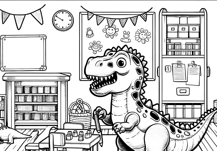 Sınıfta oyun oynayan küçük bir T-Rex dinozoru