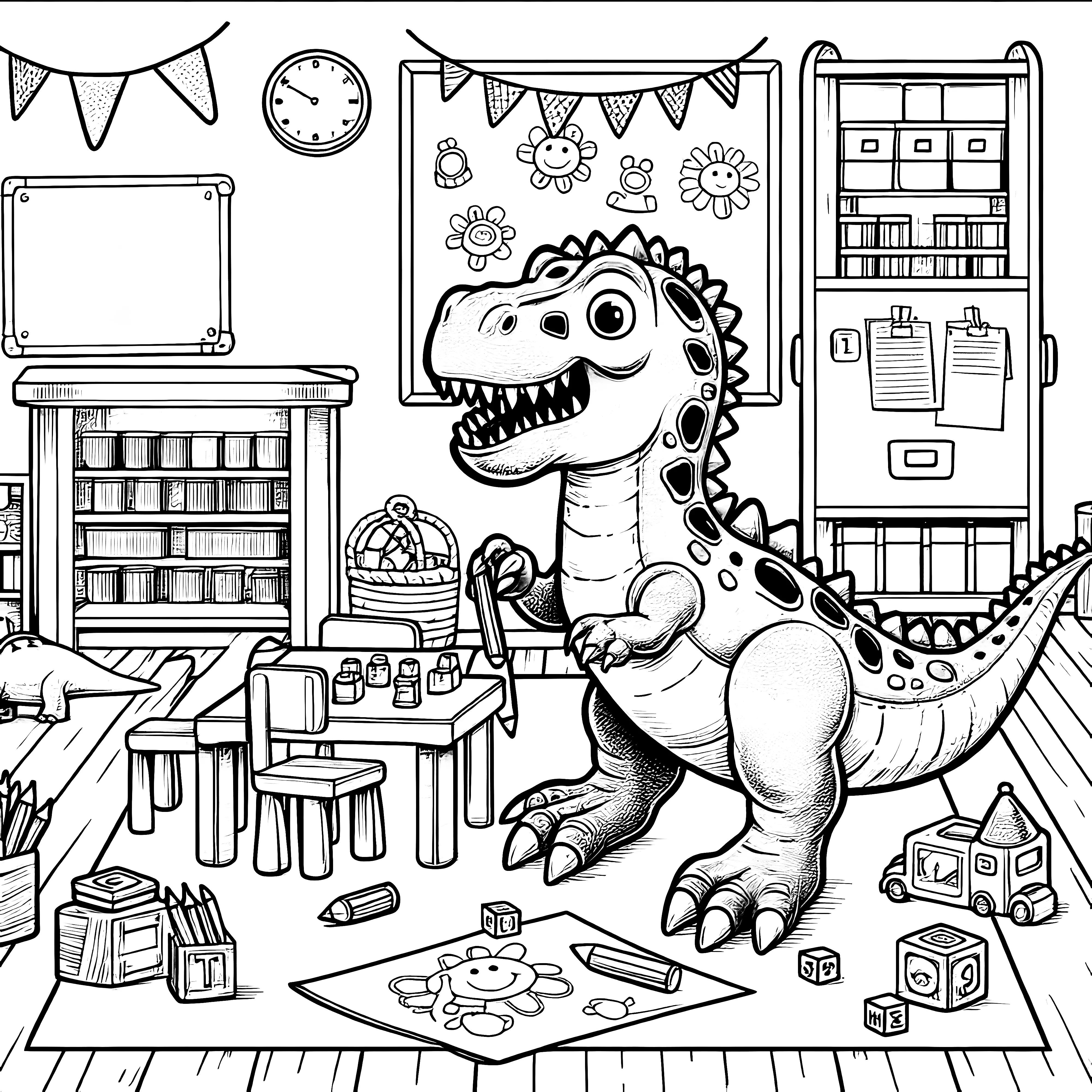 Dinosaurus di kelas, dikelilingi oleh mainan dan materi belajar