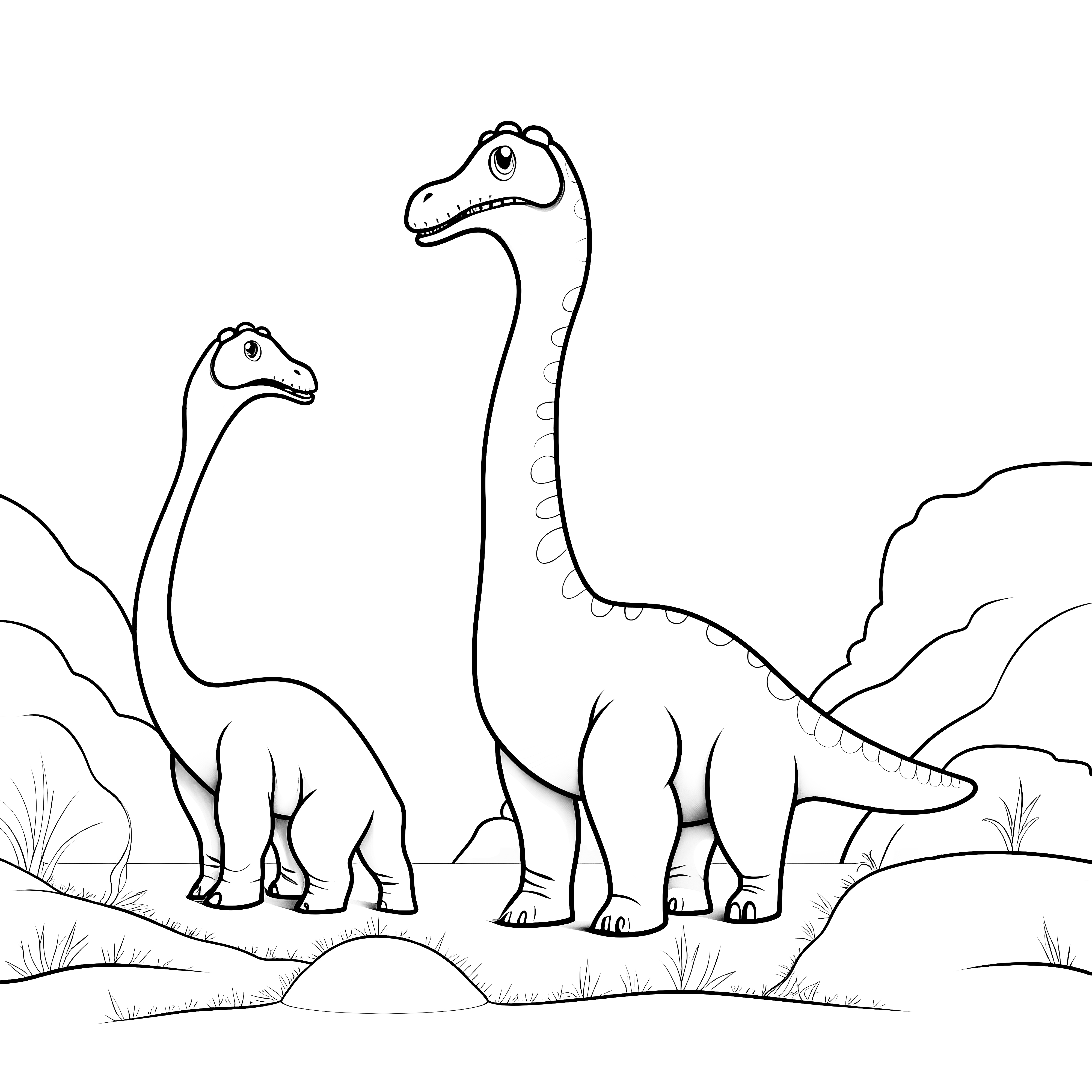 Dos dinosaurios están jugando en un paisaje - imagen para colorear para descargar