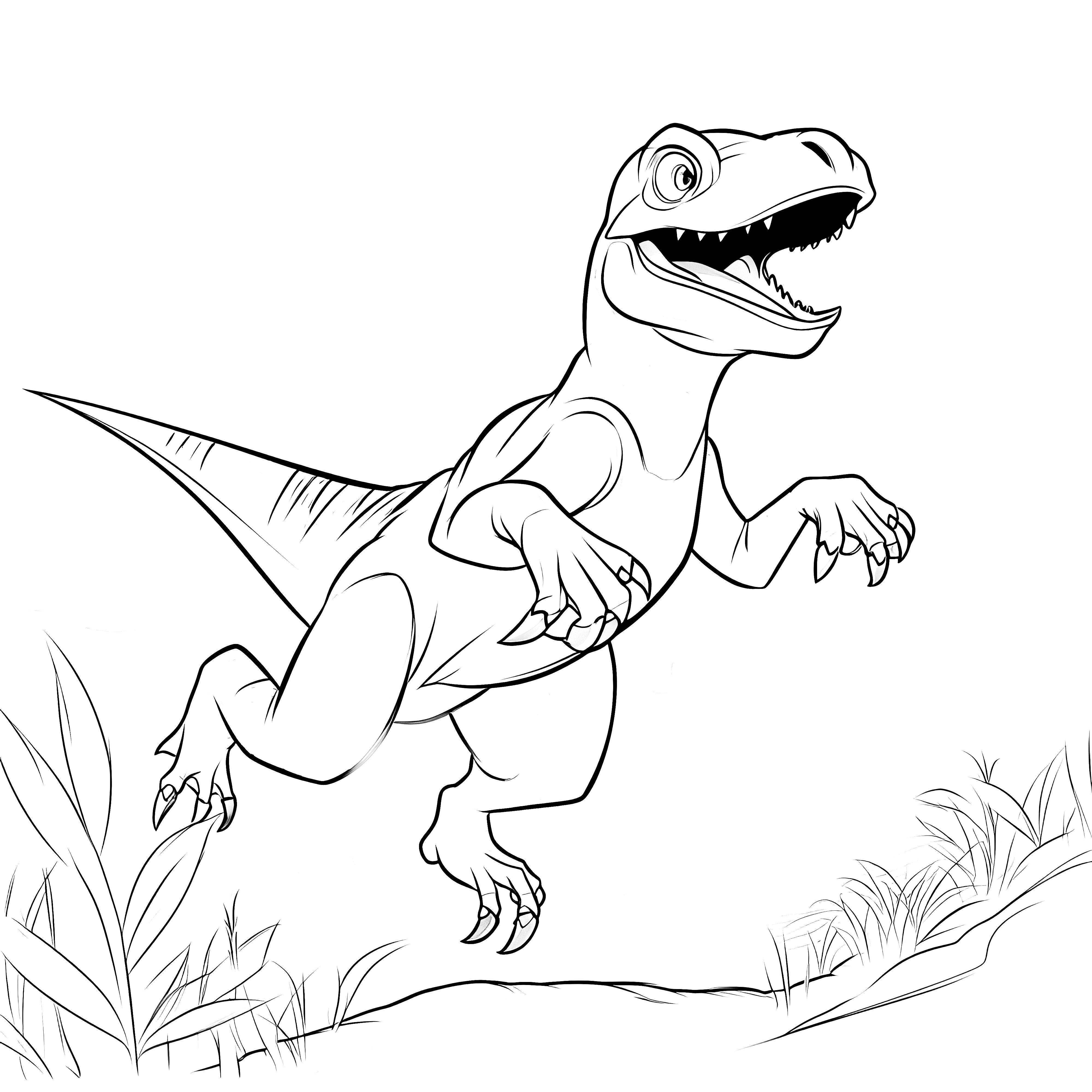 Dinosaurios en movimiento, rodeados de plantas, ideal como dibujo para colorear