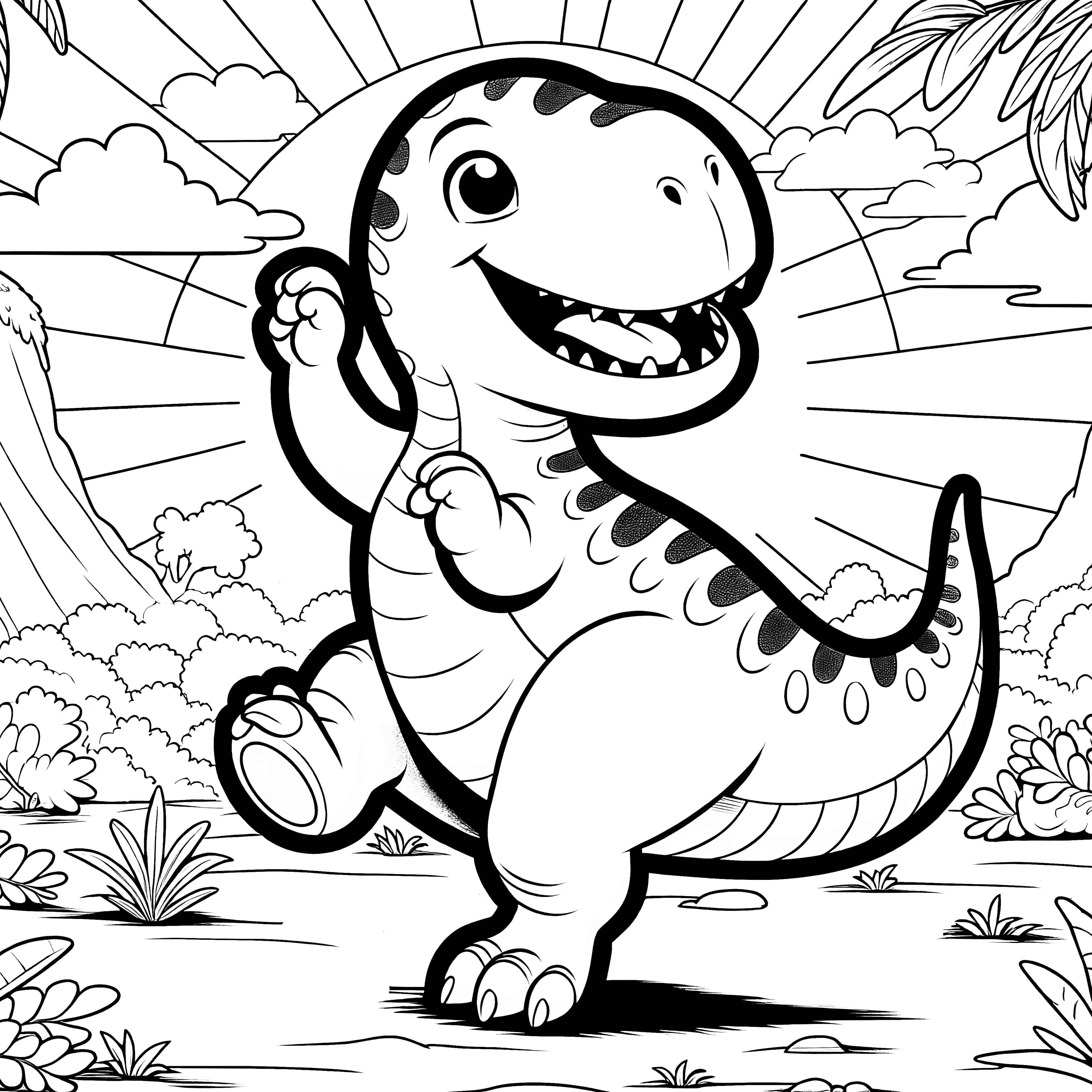 Imagen para colorear gratis: Dinosaurio bailando en la naturaleza