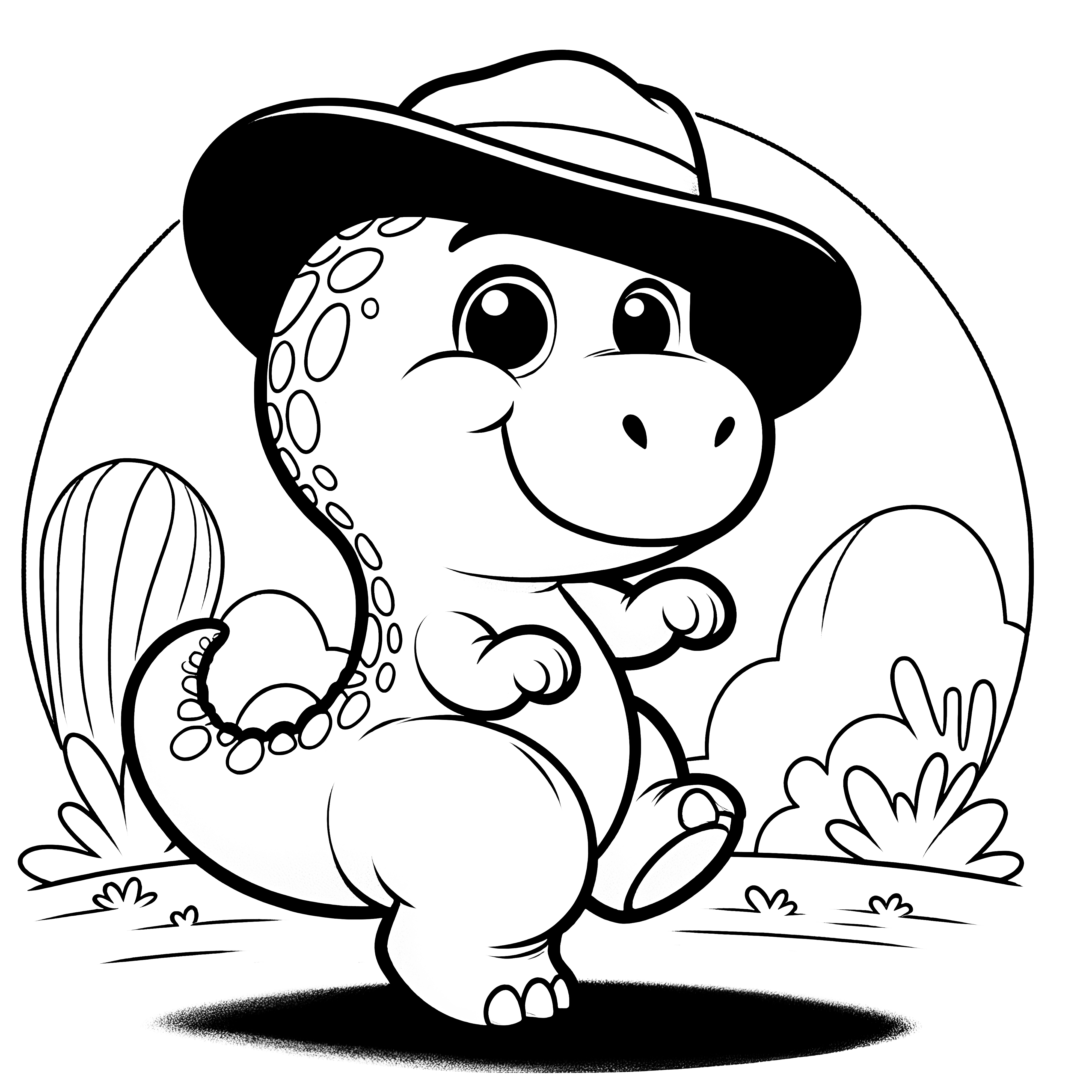 Plantilla para colorear: Pequeño dinosaurio bailando con sombrero