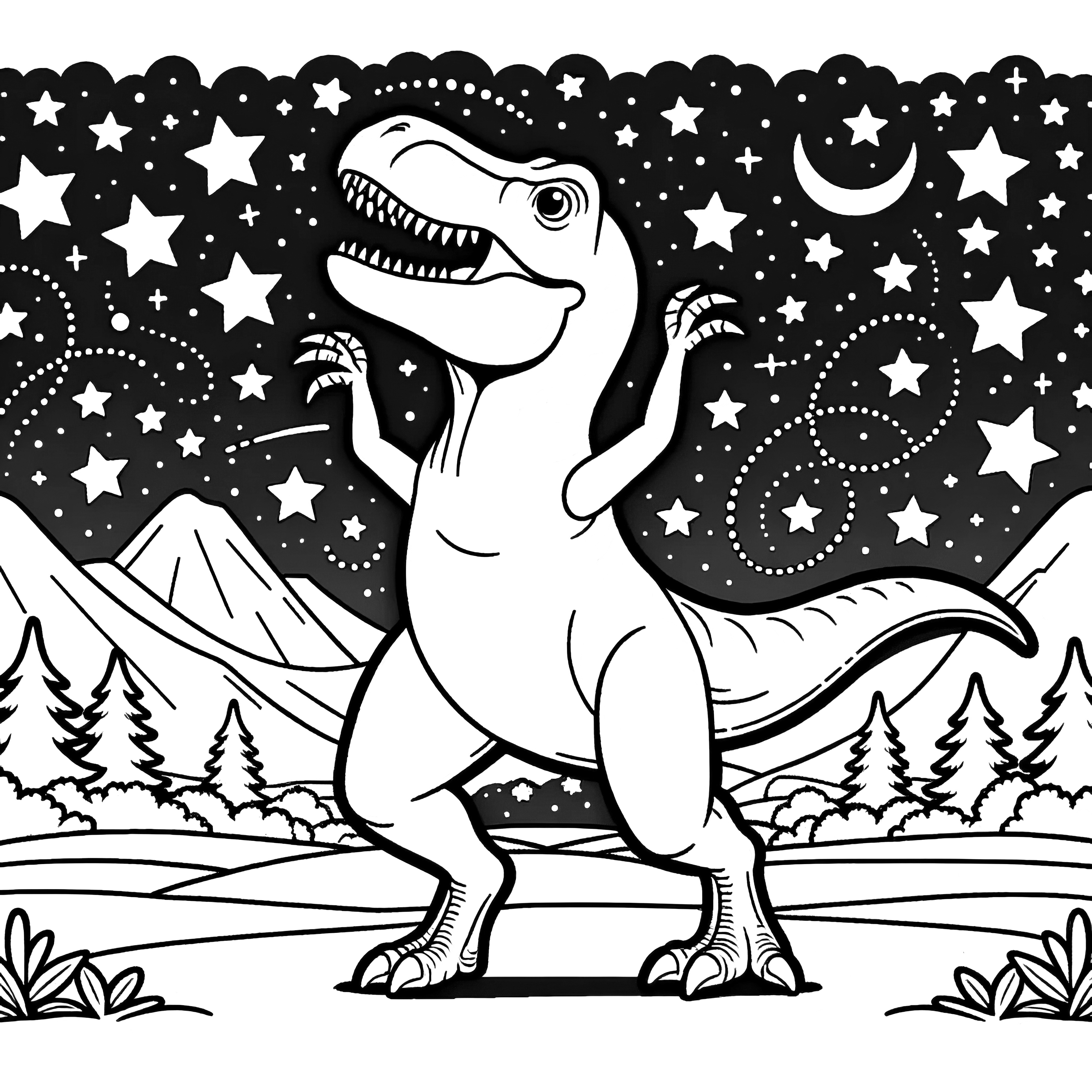 Dinosaurio T-Rex bailando bajo las estrellas frente a montañas