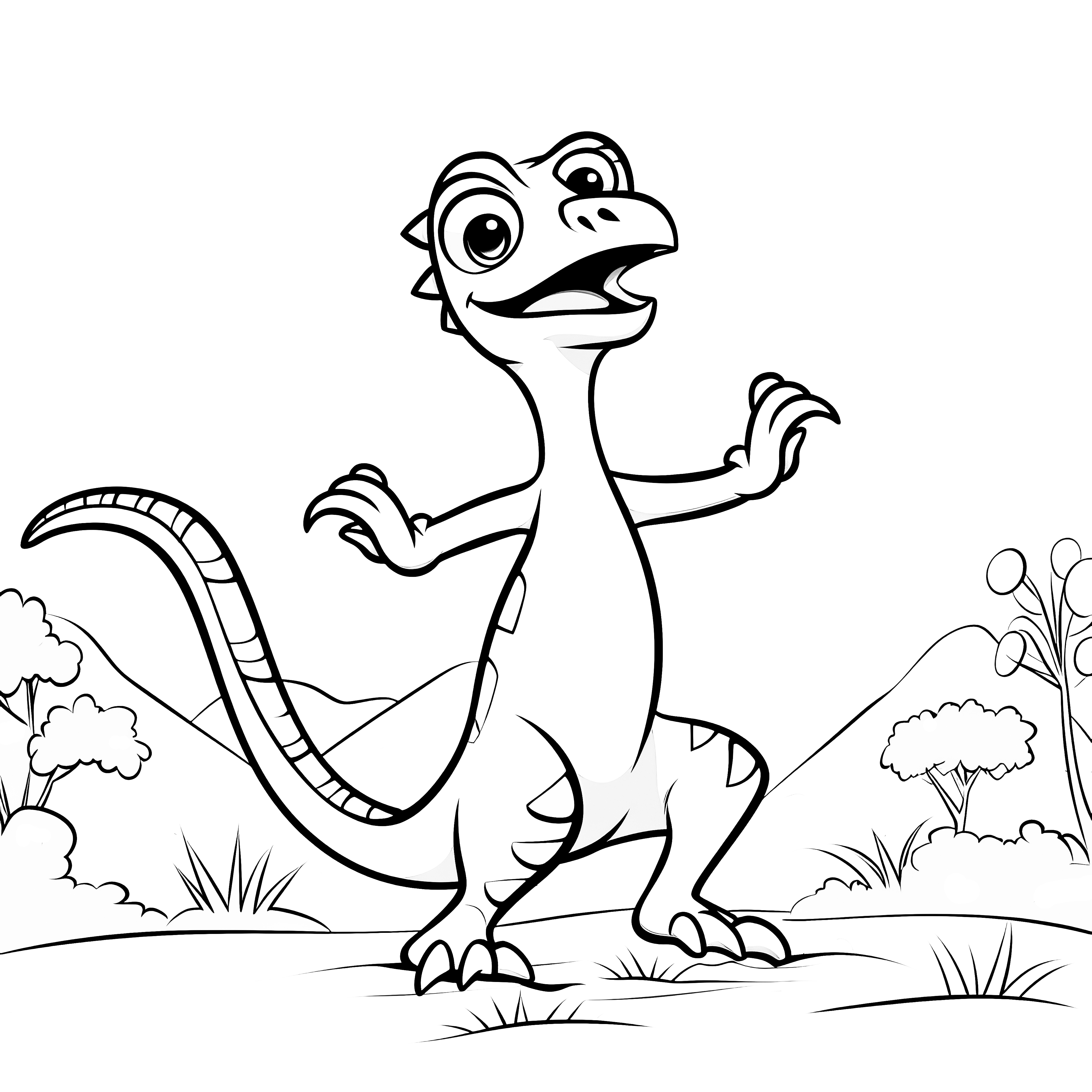 Dinosaurio bailando en un paisaje natural (plantilla para colorear)