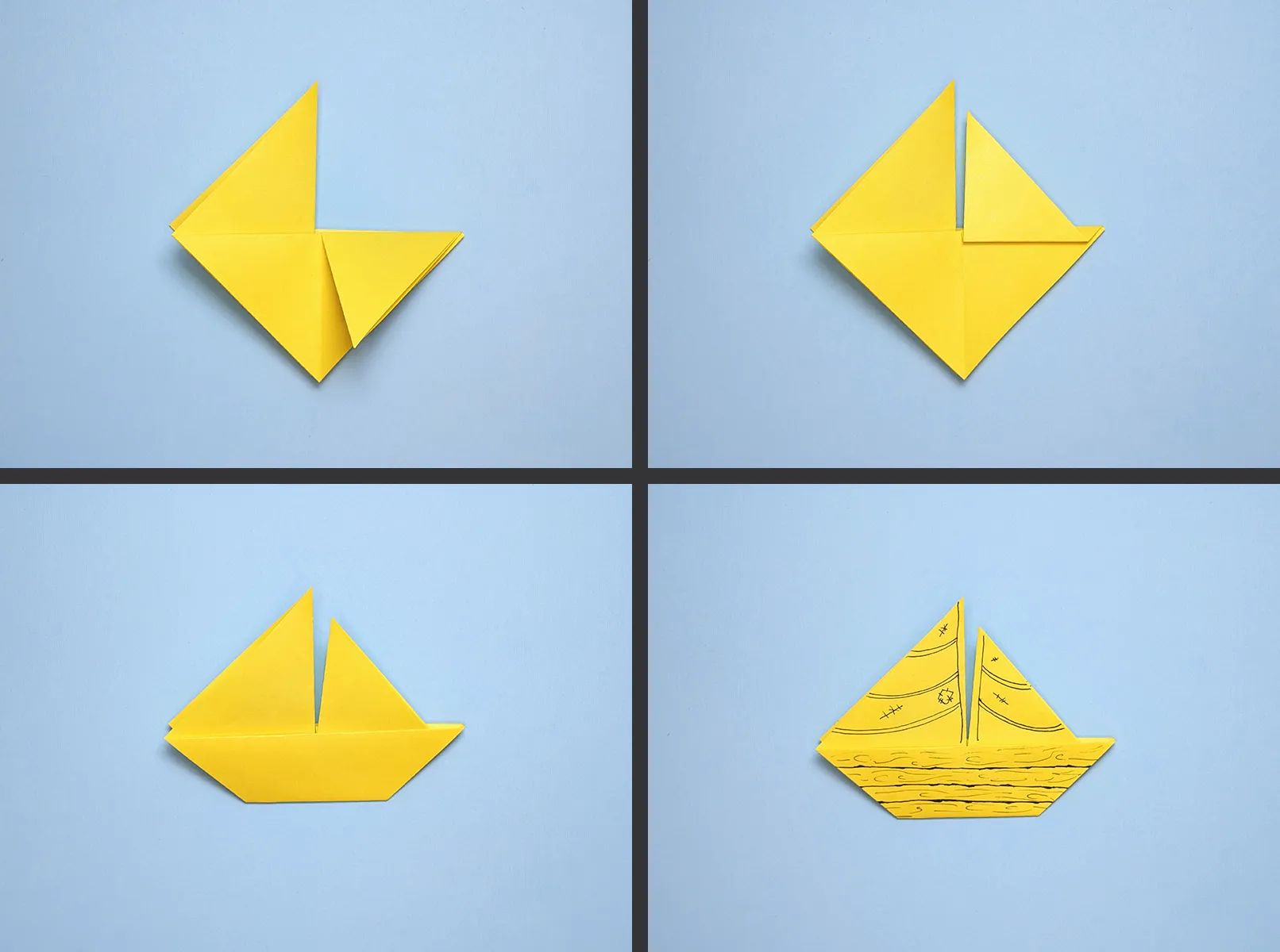 Origami sejlbåd: Folding vejledning med video og billeder. Trin 3