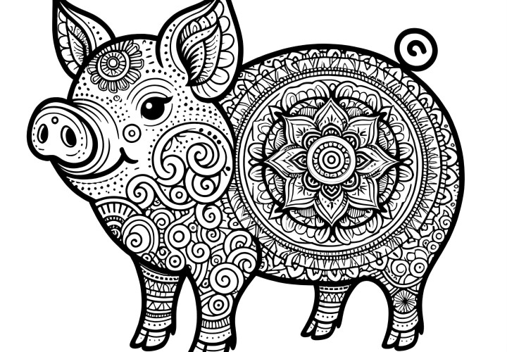 Modèle de coloriage de mandala de cochon amical