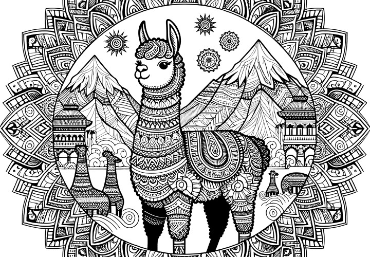 Alpaca en las montañas: Mandala gratis para colorear