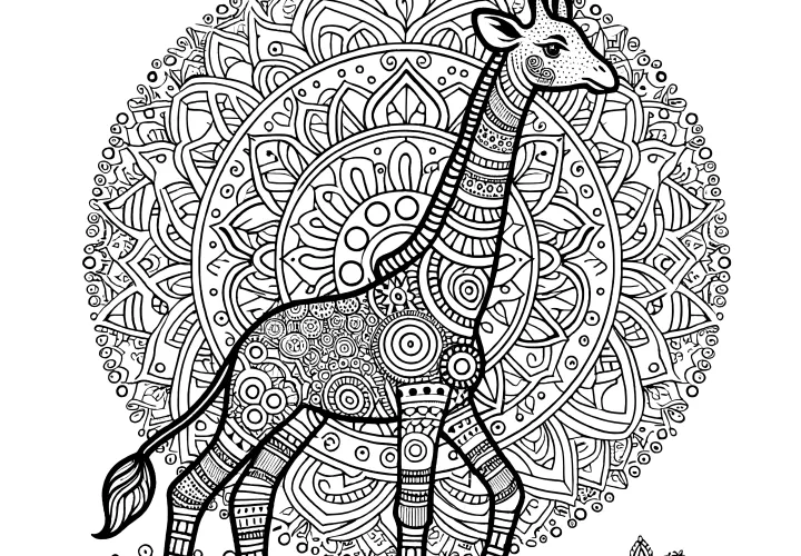 Giraffe-mandala complex: Gratis om in te kleuren