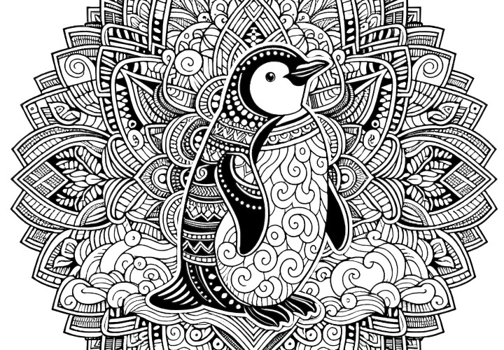 Mandala de pingouins complexe : modèle de coloriage gratuit