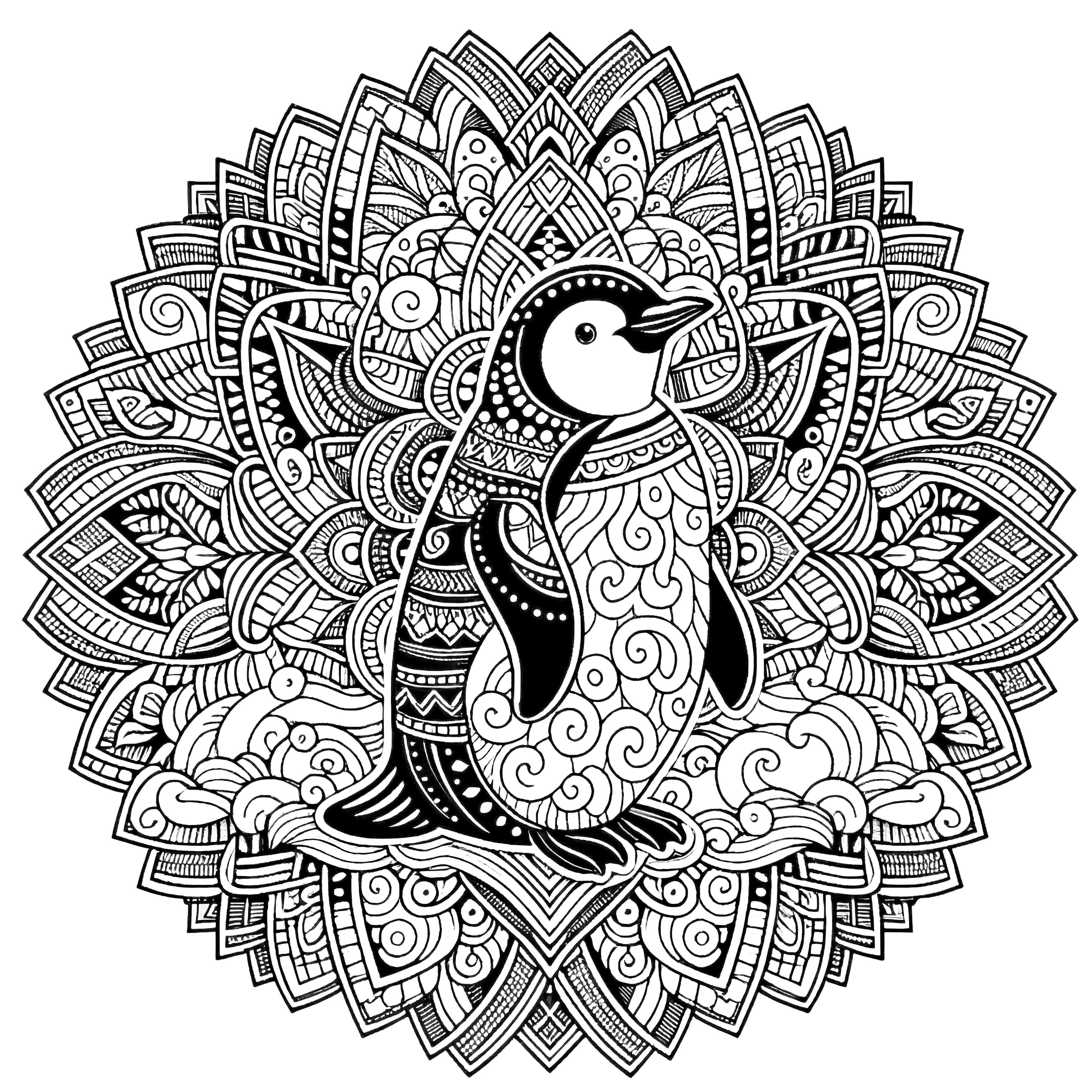 Mandala complexe de pingouin : Coloriage gratuit à colorier