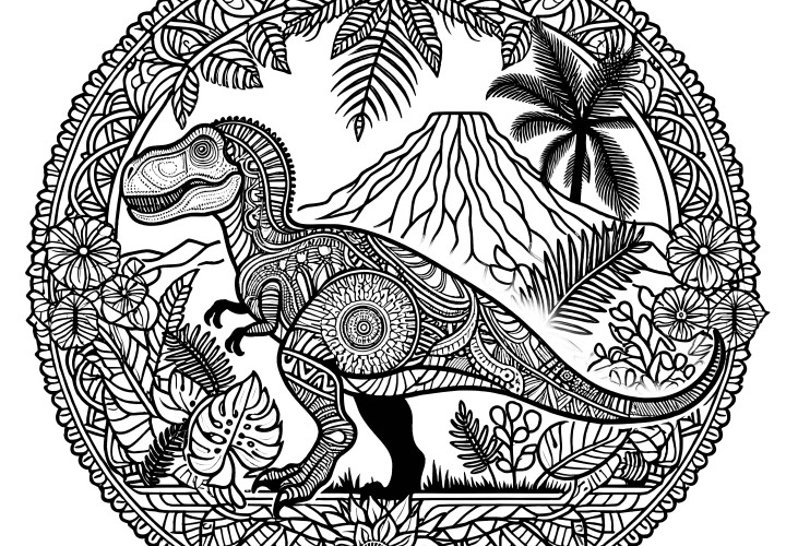 Mandala gratuit à colorier : T-Rex devant un volcan