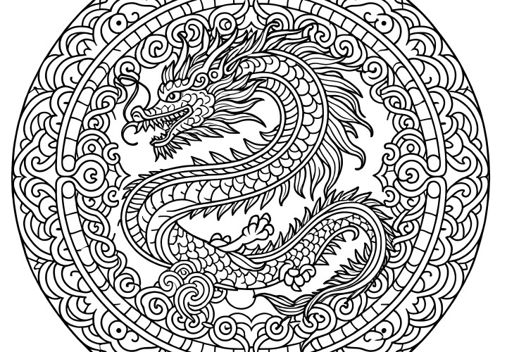 Mandala du dragon avec des ornements : créature imaginaire à colorier