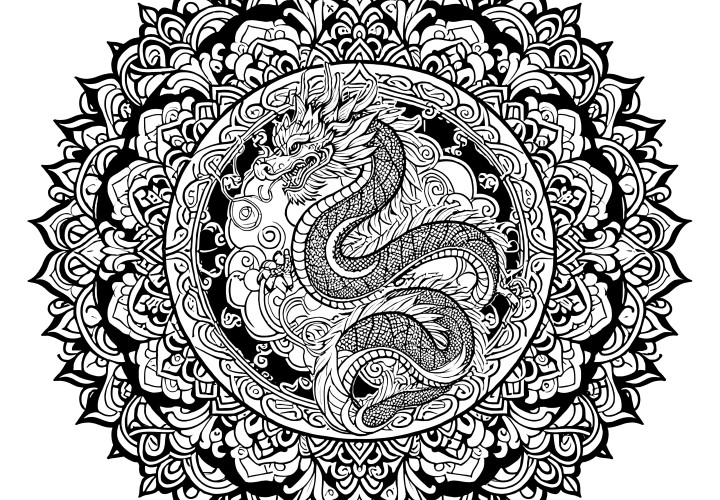 Mandala de dragon asiatique : créature fantastique complexe à colorier