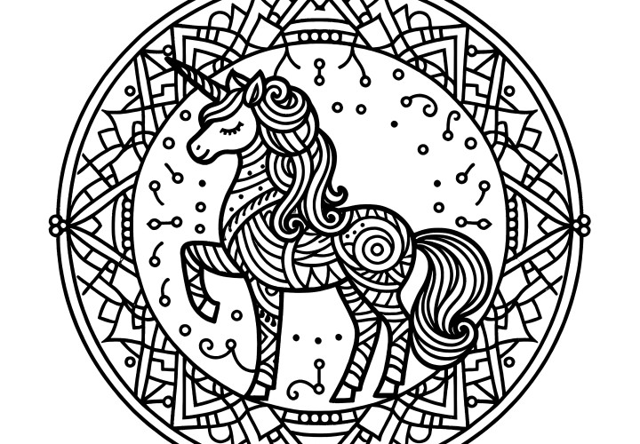 Mandala Licorne facile : Gratuit pour les enfants à colorier