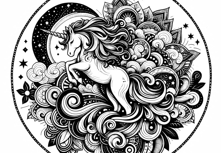 Mandala de licorne avec la lune et les étoiles : créature imaginaire à colorier