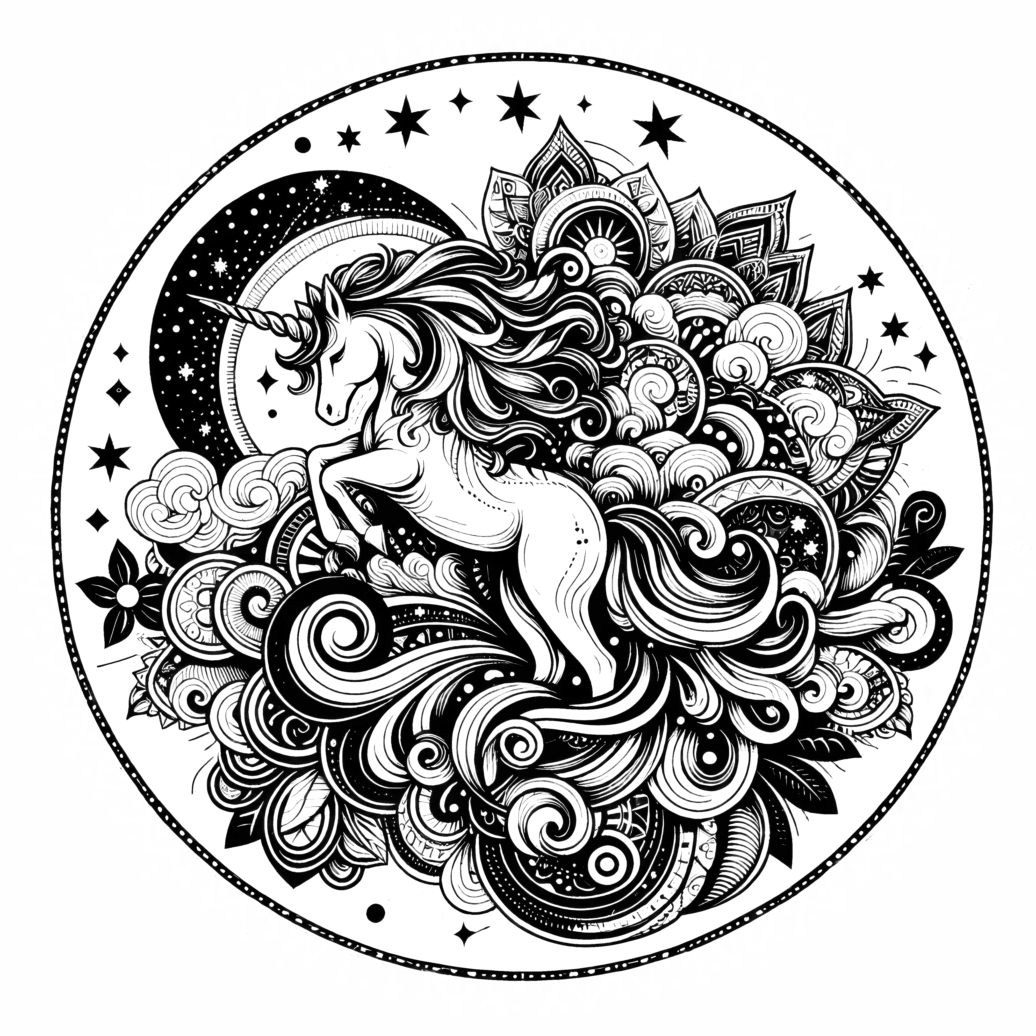 Mandala de licorne avec lune et étoiles : créature fantastique à colorier