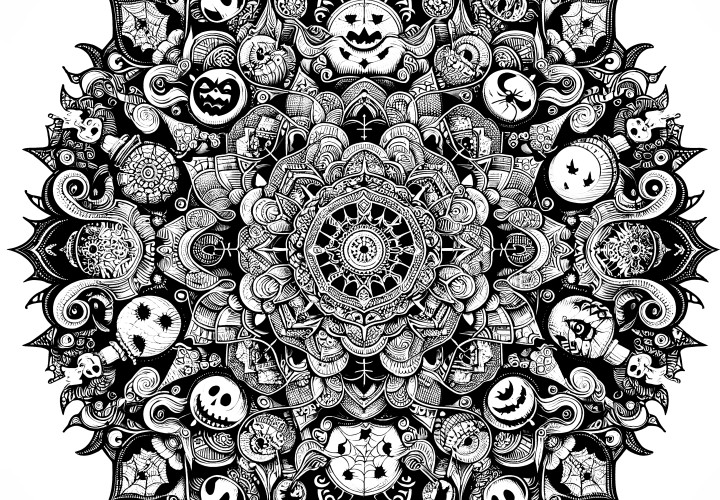 Mandala d'Halloween : Avec des fantômes et des araignées à colorier