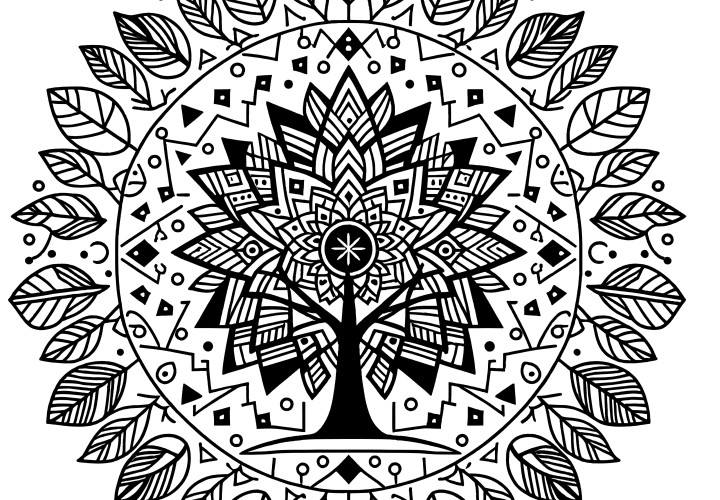 Arbre et feuilles - coloriage mandala de la nature