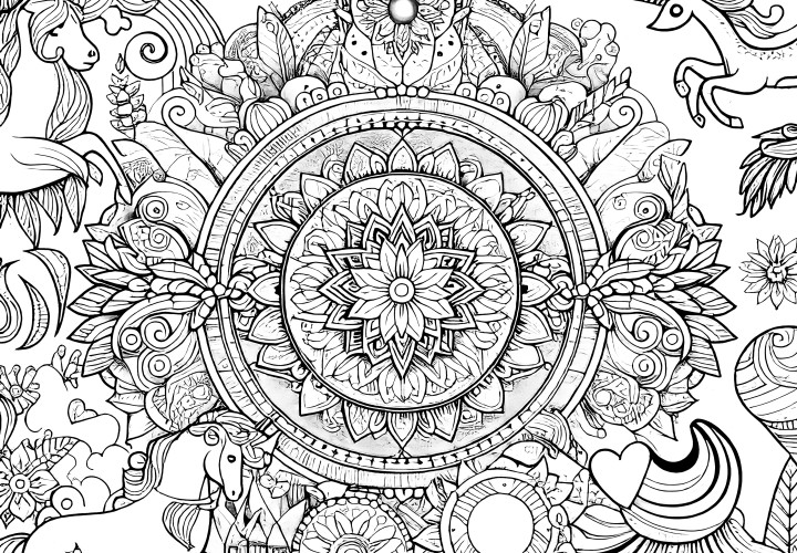 Mandala complexe de licorne : Avec des fleurs à colorier pour adultes (Gratuit)