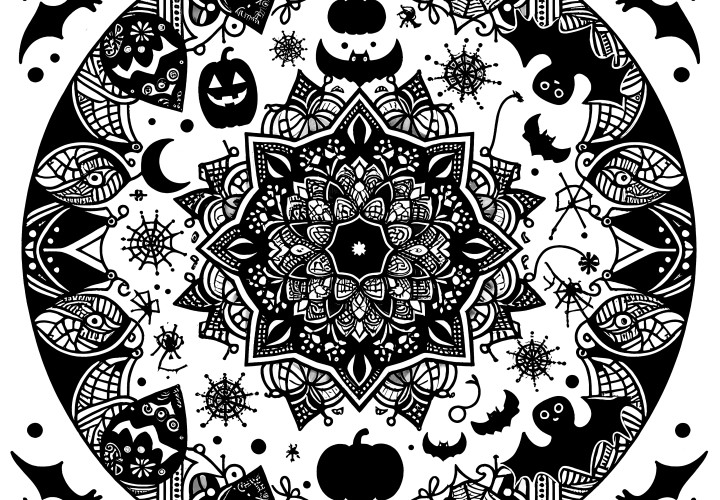 Halloween-Mandala: Med gresskar og flaggermus å fargelegge for voksne (Gratis)