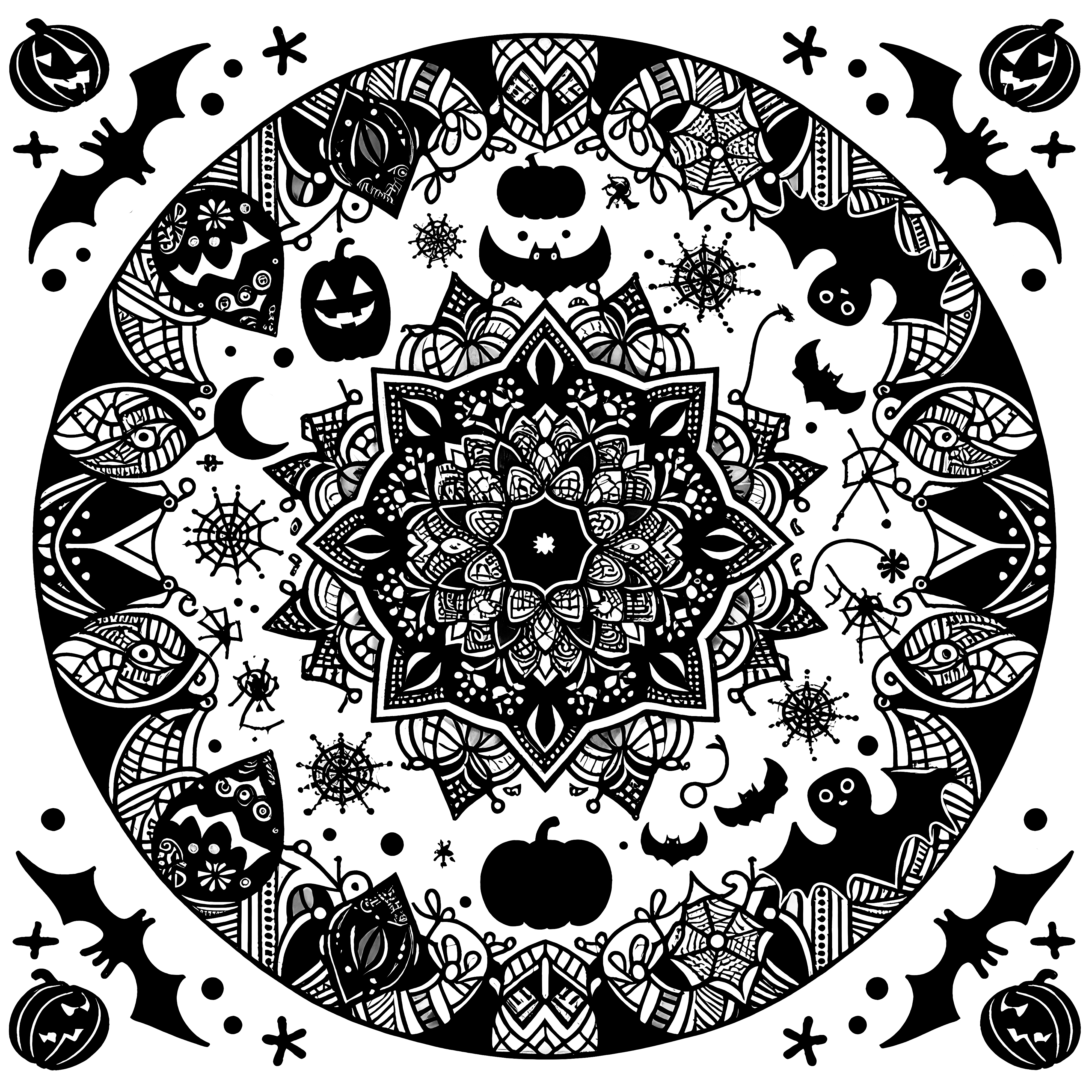 Halloween-mandala: Kurpitsat ja lepakot aikuisille väritykseen (Ilmainen)