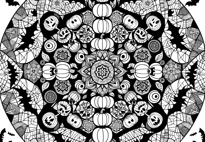 Halloweeni mandala: stackitud kõrvitsad täiskasvanutele printimiseks (tasuta)