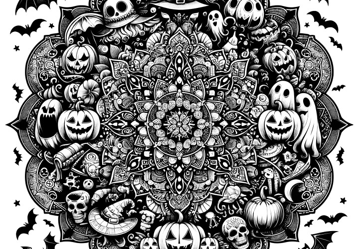 Halloween-Mandala kompleks: Gresskar og heksehatter - kreativ fargeleggingsside for voksne (Gratis)