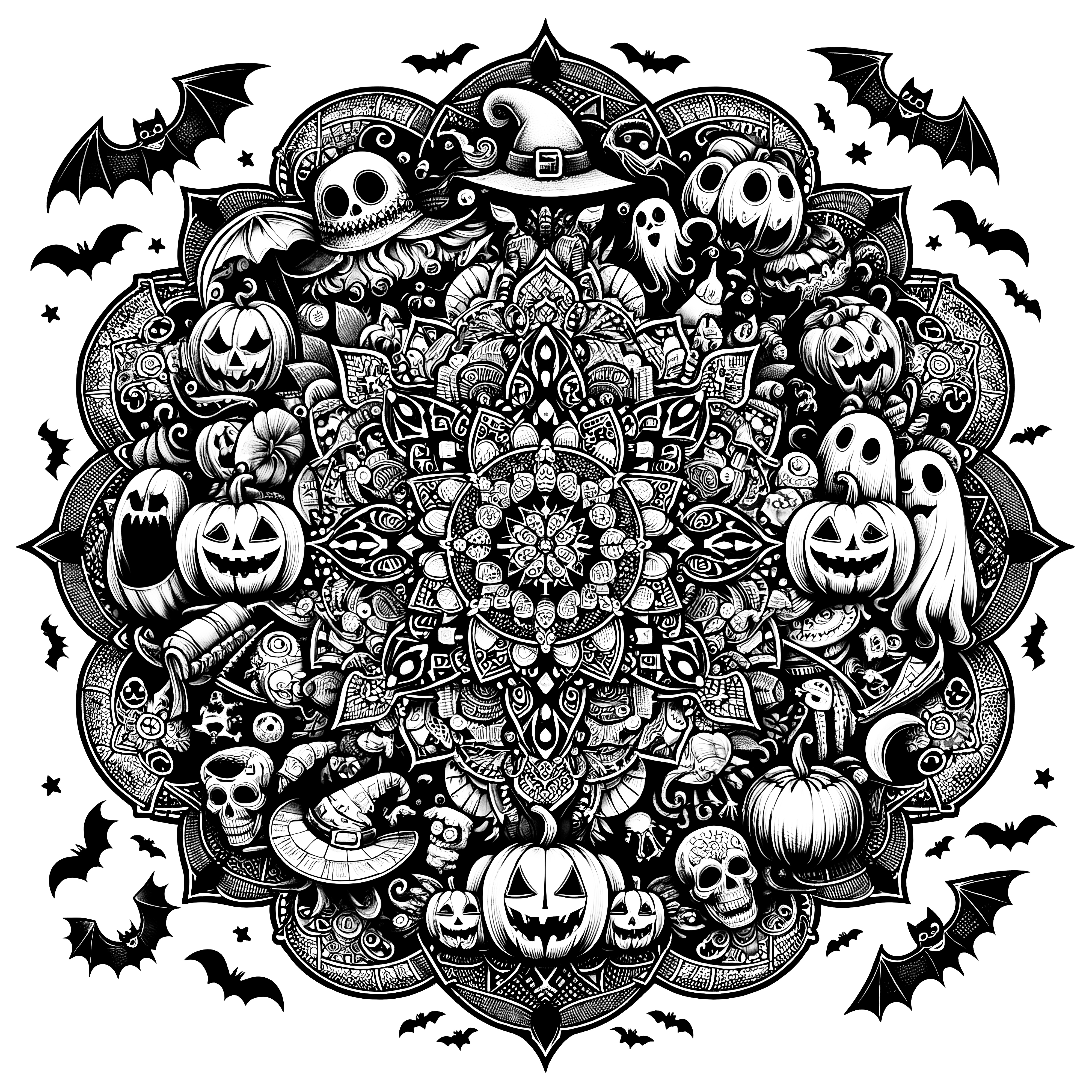 Halloween-mandala-kompleksi: Kurpitsoja ja noitahattuja - luova värittelysivu aikuisille (Ilmainen)