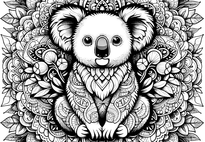 Søt koala-mandala kompleks: Gratis for voksne (fargeleggingsside)