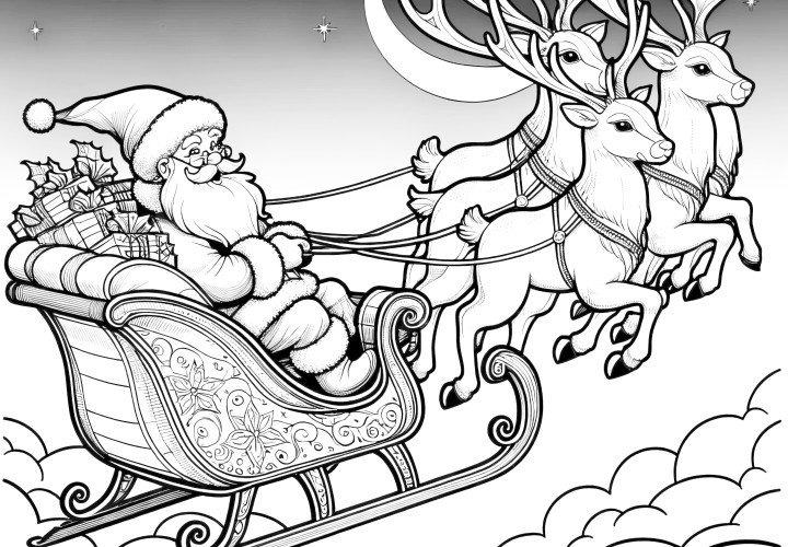 O Pai Natal, o trenó e as renas (desenho para colorir)