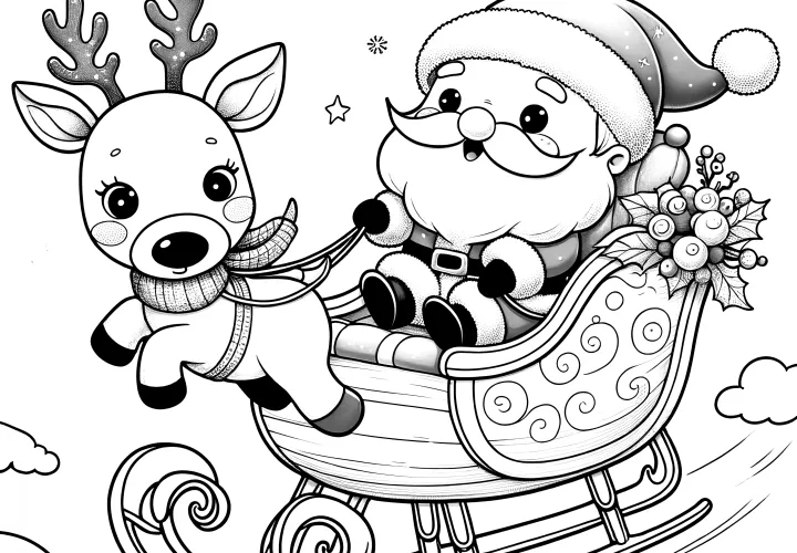 Cheerful Santa Claus, sled & reindeer (coloring picture)