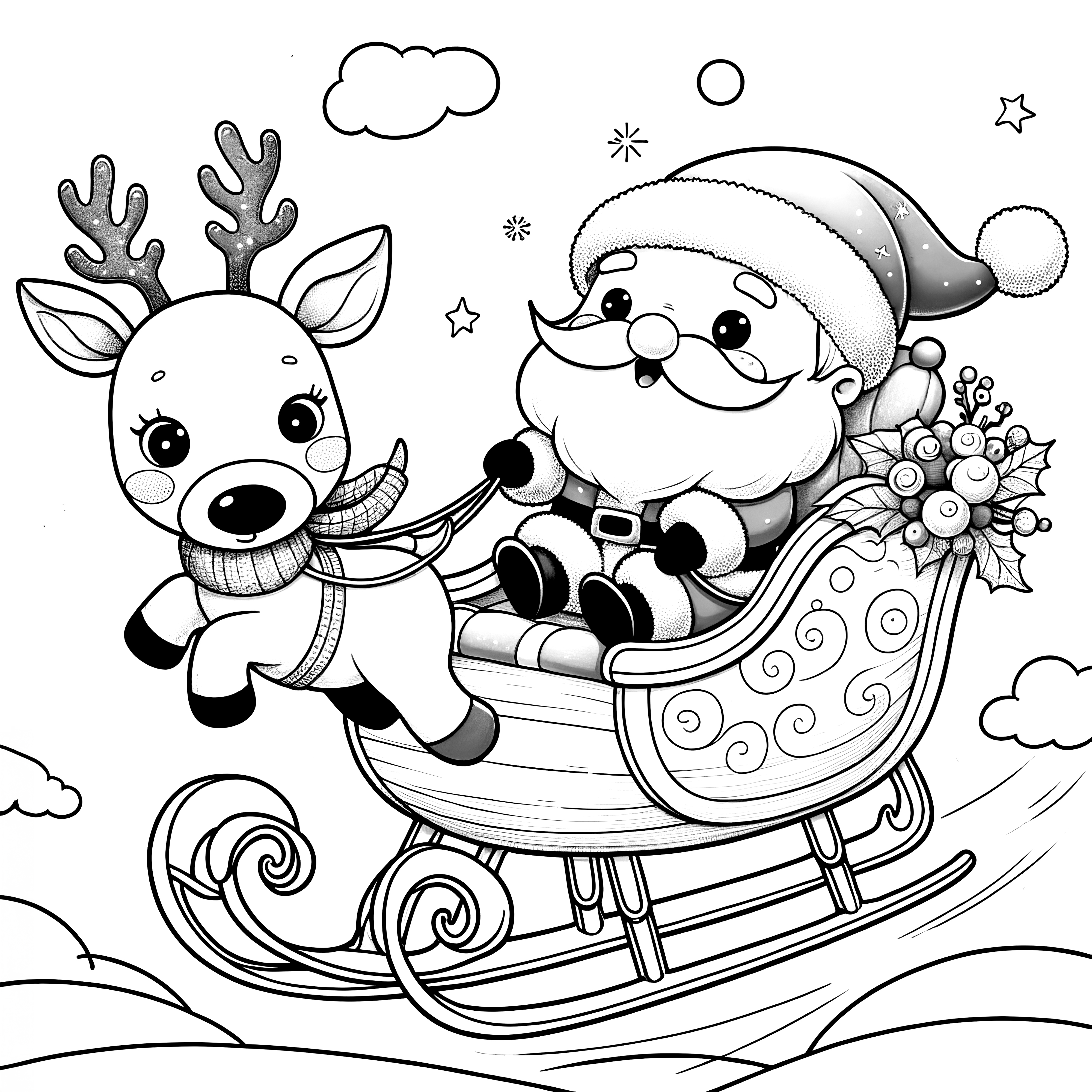 Merry Santa Claus, sleigh & reindeer (coloring picture)