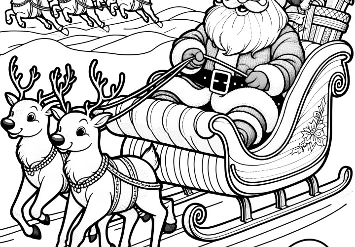 Les rennes tirent le traîneau du Père Noël – Coloriage