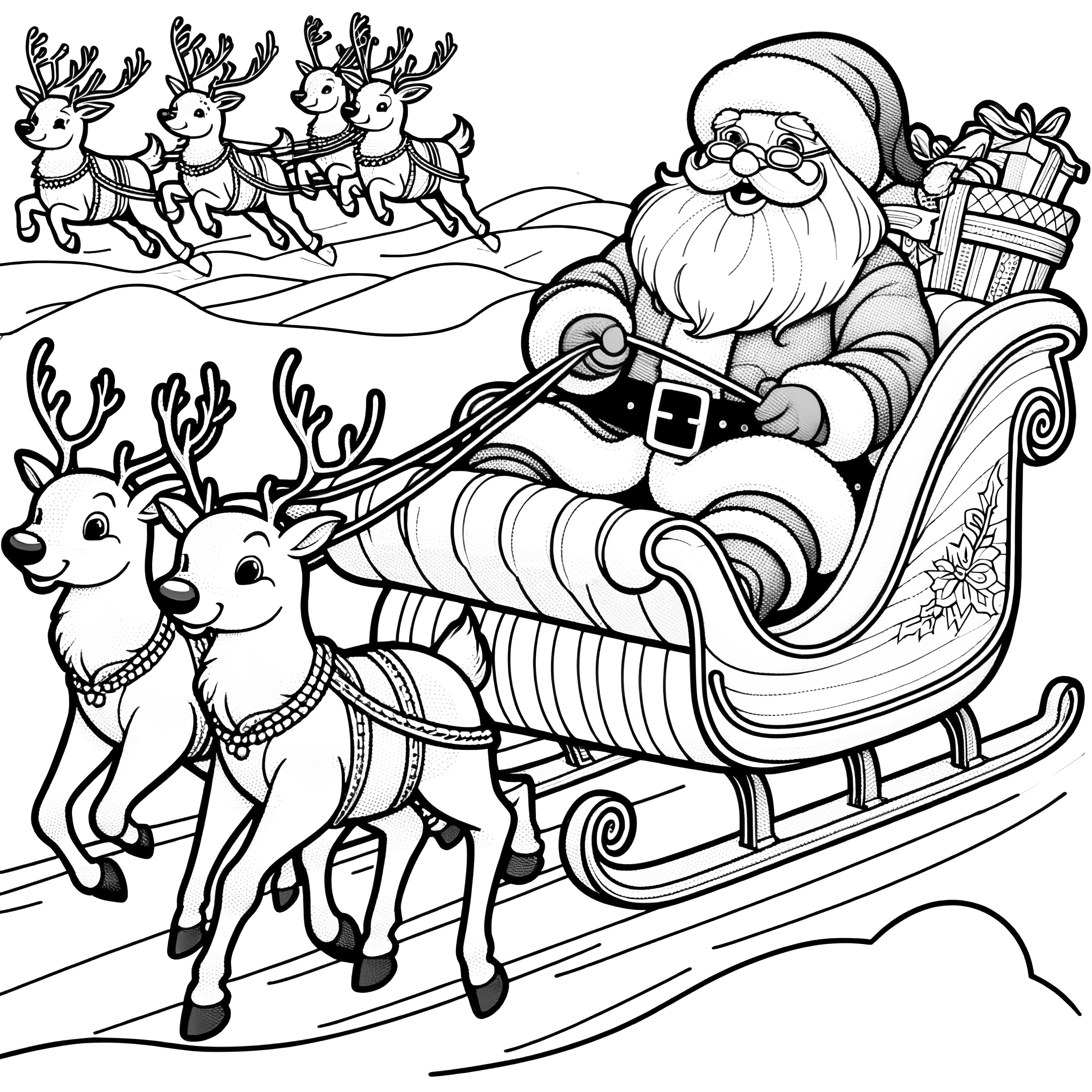 Reindeer pull Christmas sleigh – coloring page