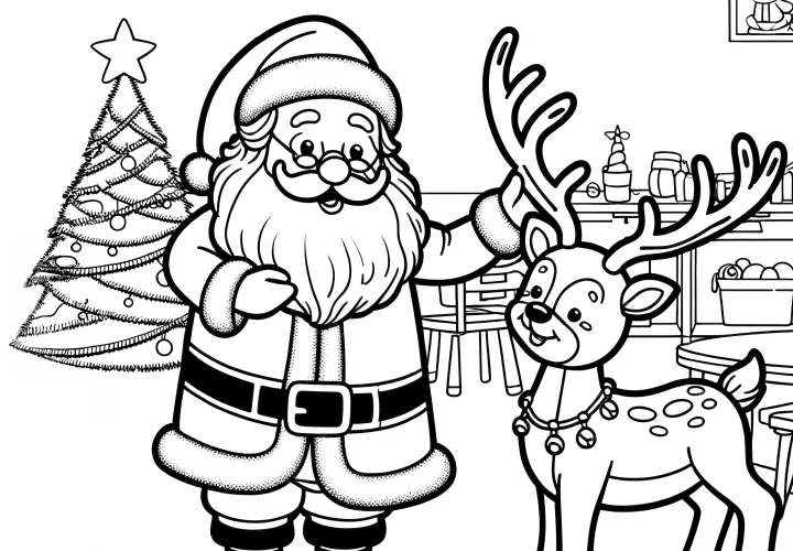 Reindeer with Santa Claus: Coloring picture