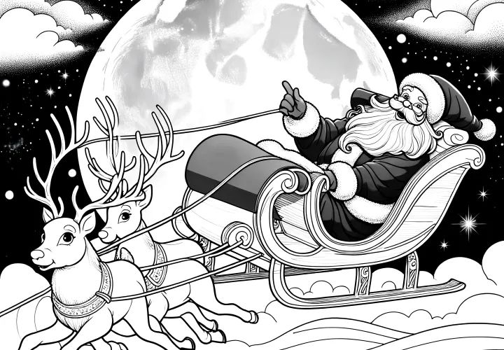 Reindeer, Santa Claus & Moon in the Sky (Coloring Page)