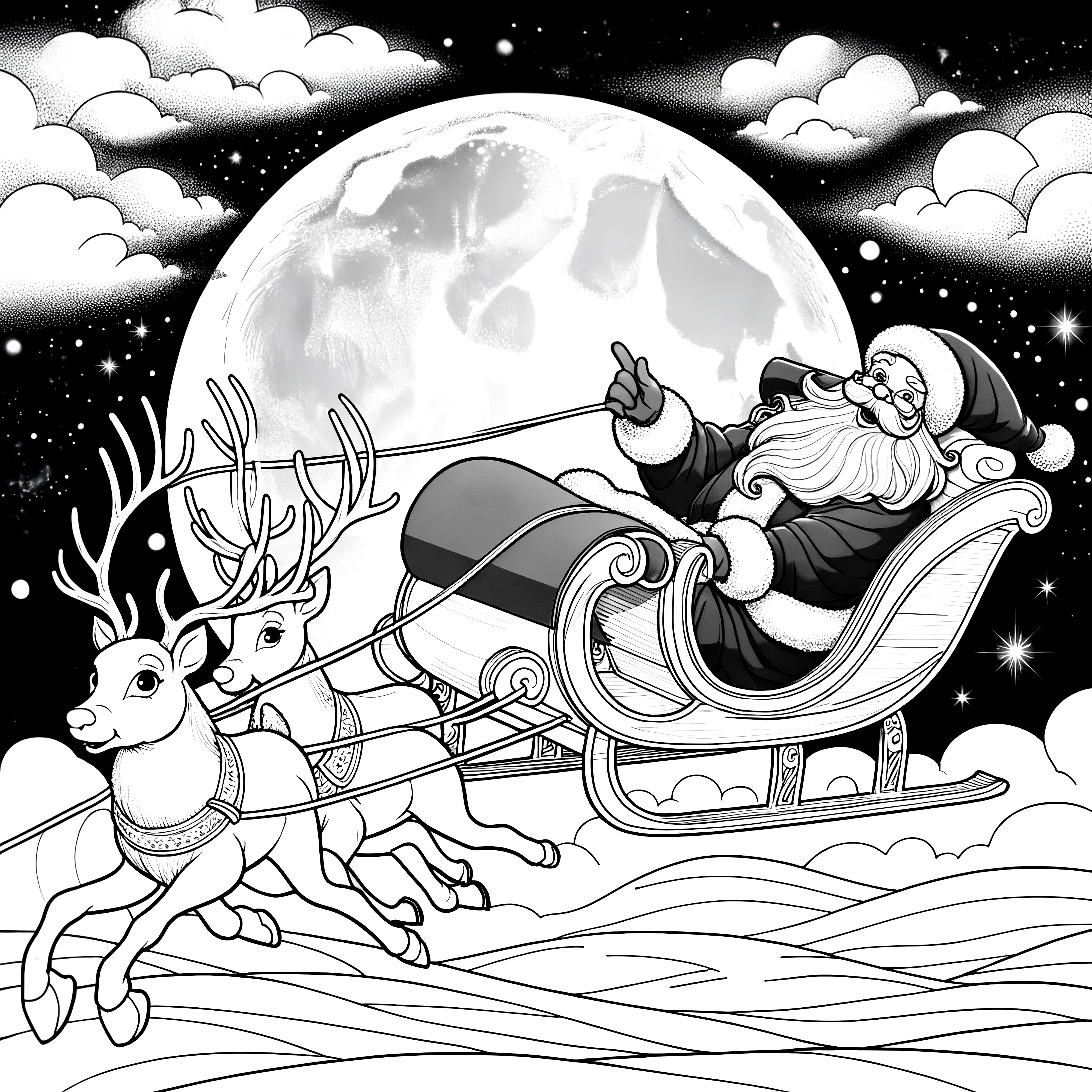 Reindeer, Santa Claus, and moon in the sky