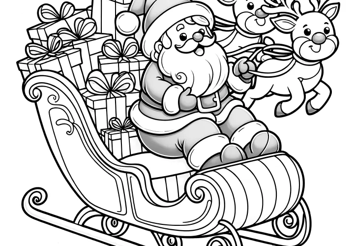 Traineau du Père Noël, Père Noël & Cadeaux (Coloriage)