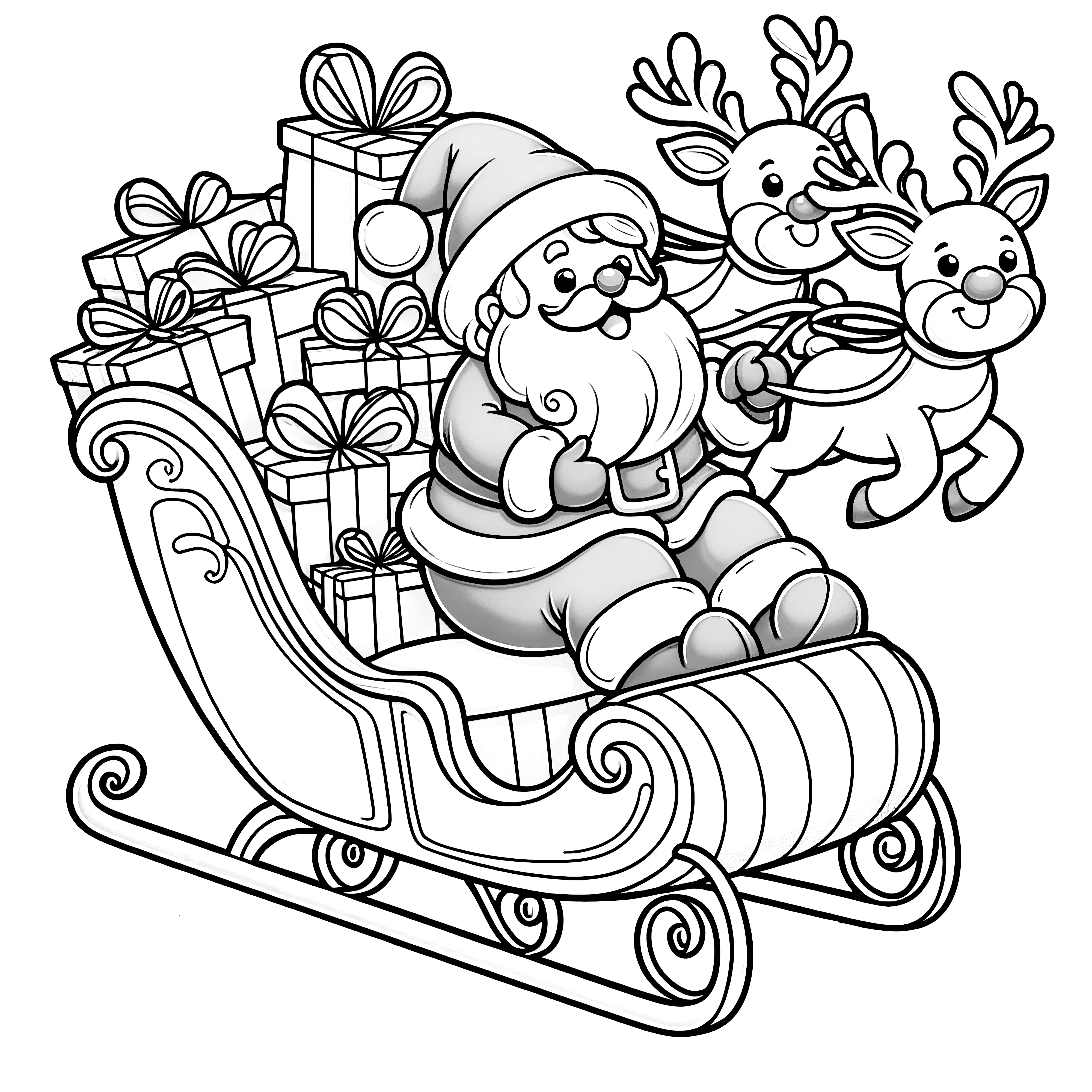 Traîneau du Père Noël, Père Noël et cadeaux (coloriage)