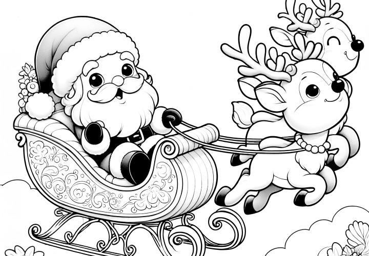 Santa Claus with sleigh & reindeer: coloring picture